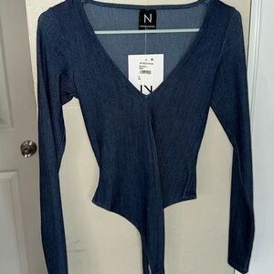 Naked Wardrobe Deep Blue V-Neck Long Sleeve Top